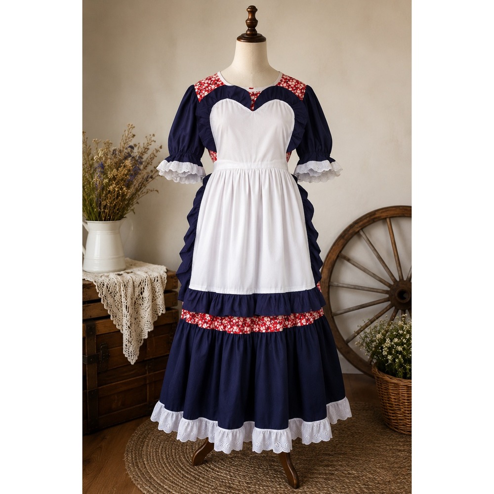 Vintage-Inspired Navy Blue Maxi Dress with White Apron